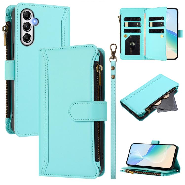

For Samsung Galaxy A35 5G Magnetic Closure 9 Card Slots Zipper Leather Case with Hand Strap(Mint Green)