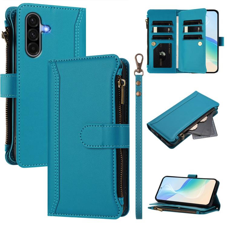 

For Samsung Galaxy A36 5G Magnetic Closure 9 Card Slots Zipper Leather Case with Hand Strap(Turquoise)