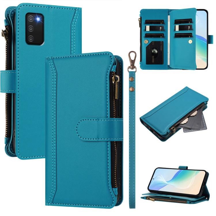 

For Samsung Galaxy A03s 166mm Magnetic Closure 9 Card Slots Zipper Leather Case with Hand Strap(Turquoise)