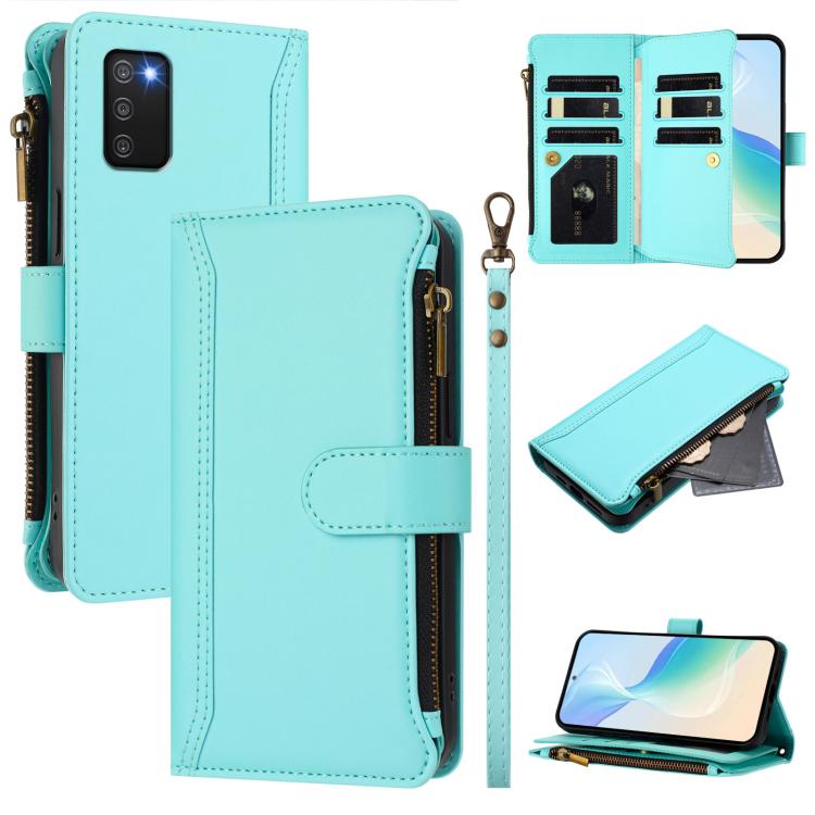 

For Samsung Galaxy A03s 166mm Magnetic Closure 9 Card Slots Zipper Leather Case with Hand Strap(Mint Green)