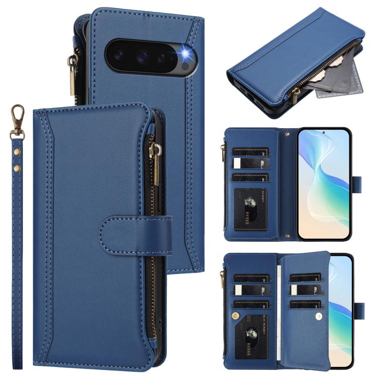 

For Google Pixel 10 Pro XL 5G Magnetic Closure 9 Card Slots Zipper Leather Case with Hand Strap(Dark Blue)
