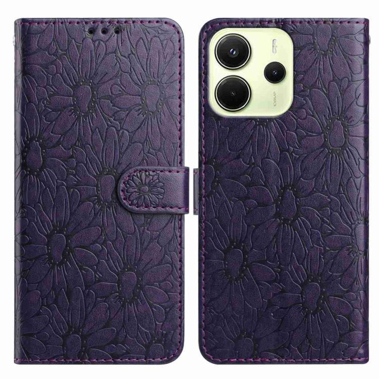 

For Redmi Note 14 4G 164.84mm Daisy Embossed Leather Phone Case(Dark Purple)
