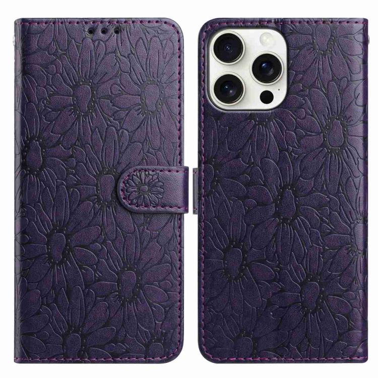 

For iPhone 16 Pro Max Daisy Embossed Leather Phone Case(Dark Purple)