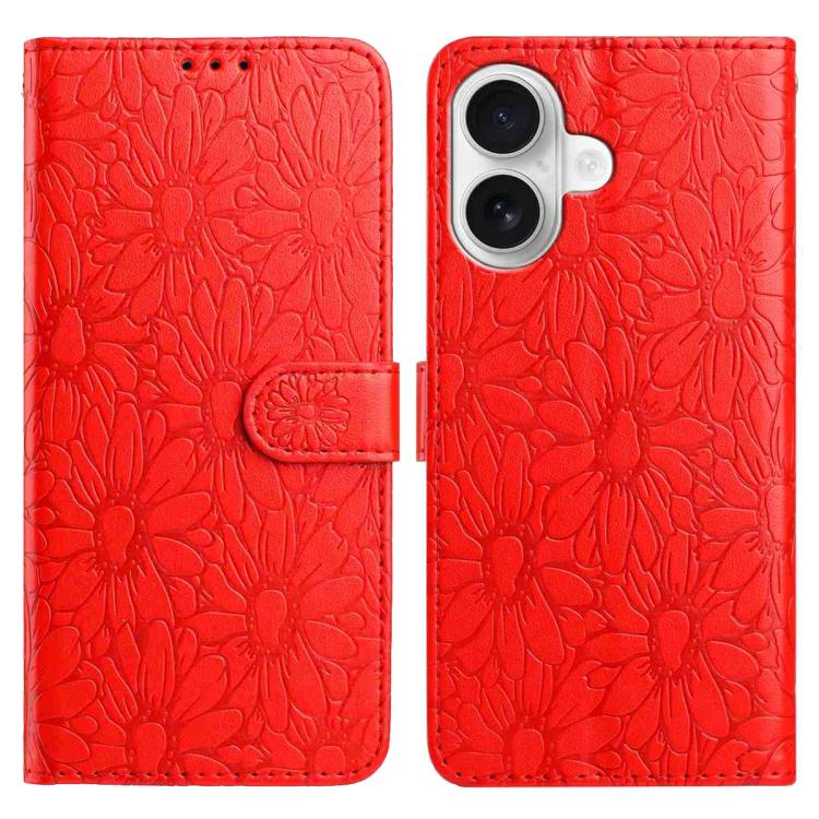 

For iPhone 16 Plus Daisy Embossed Leather Phone Case(Red)
