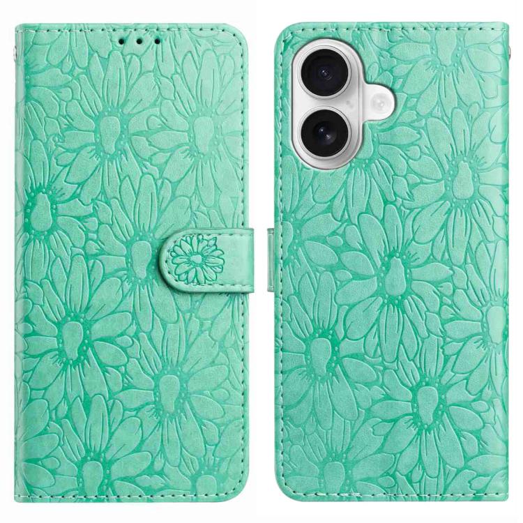 

For iPhone 16 Plus Daisy Embossed Leather Phone Case(Green)
