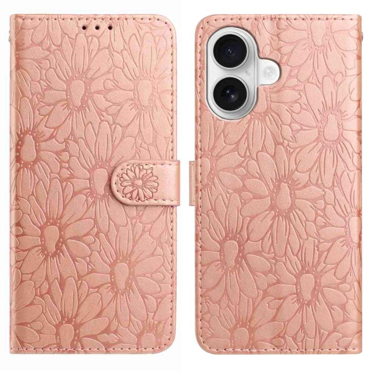 

For iPhone 16 Plus Daisy Embossed Leather Phone Case(Rose Gold)