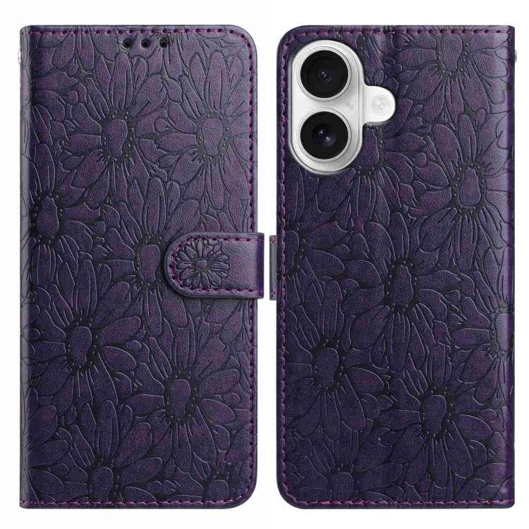 

For iPhone 16 Plus Daisy Embossed Leather Phone Case(Dark Purple)