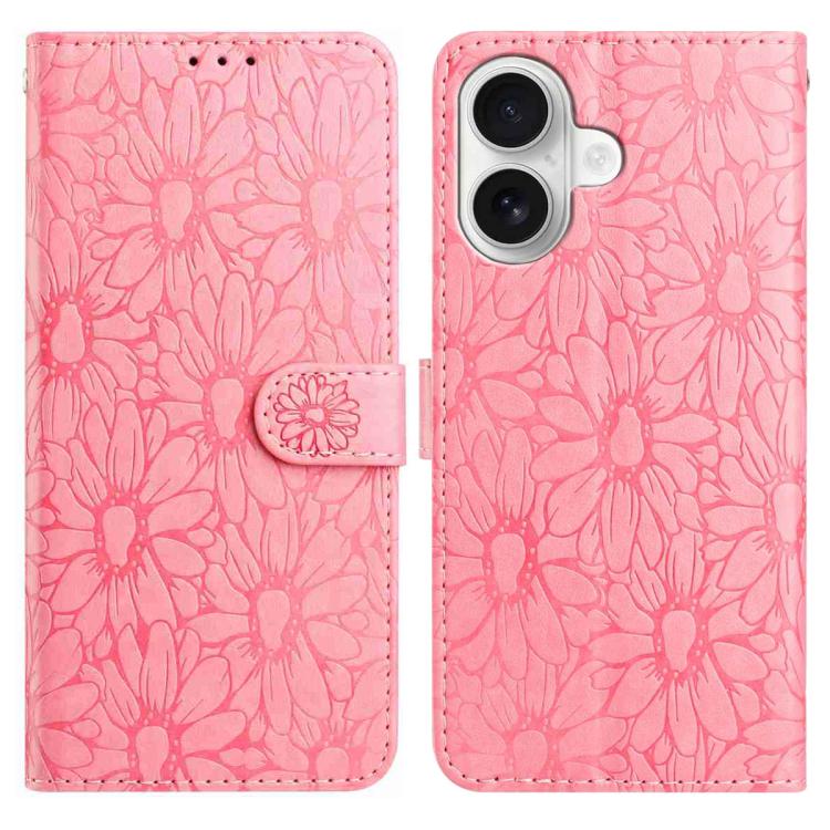 

For iPhone 16 Daisy Embossed Leather Phone Case(Pink)