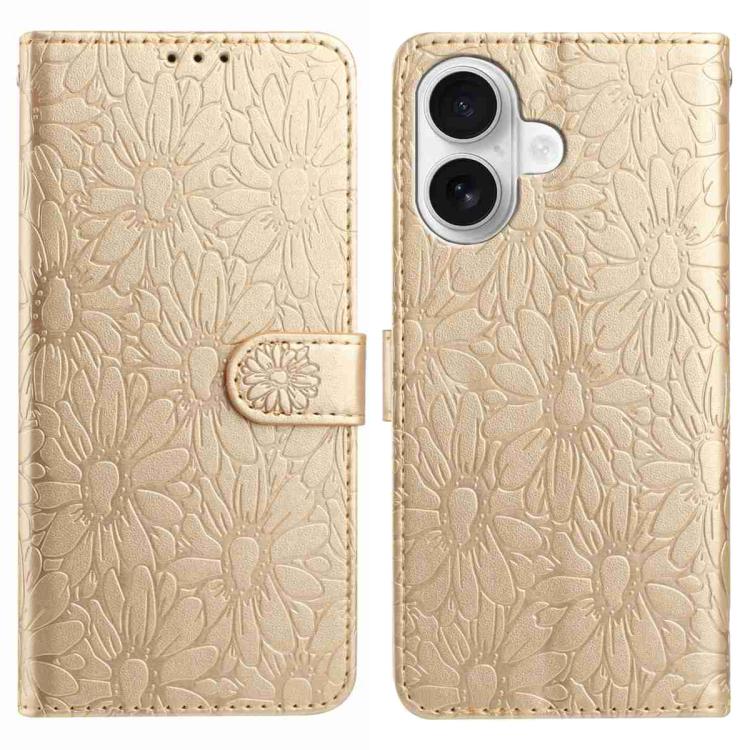 

For iPhone 16 Daisy Embossed Leather Phone Case(Gold)