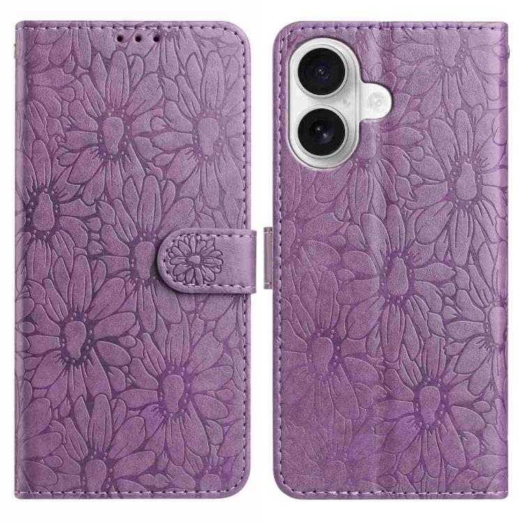 

For iPhone 16 Daisy Embossed Leather Phone Case(Light Purple)