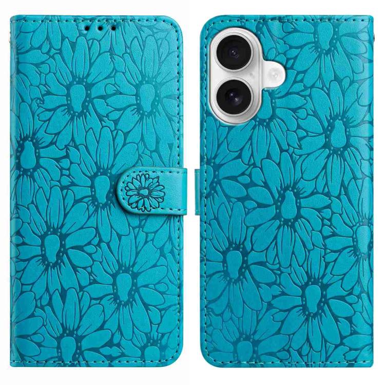 

For iPhone 16 Daisy Embossed Leather Phone Case(Blue)