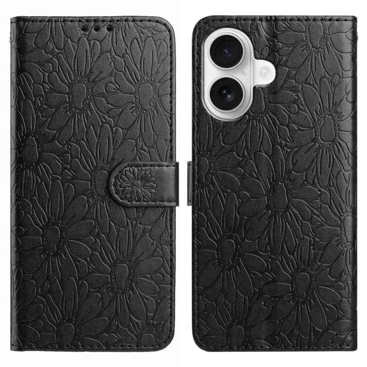 

For iPhone 16 Daisy Embossed Leather Phone Case(Black)