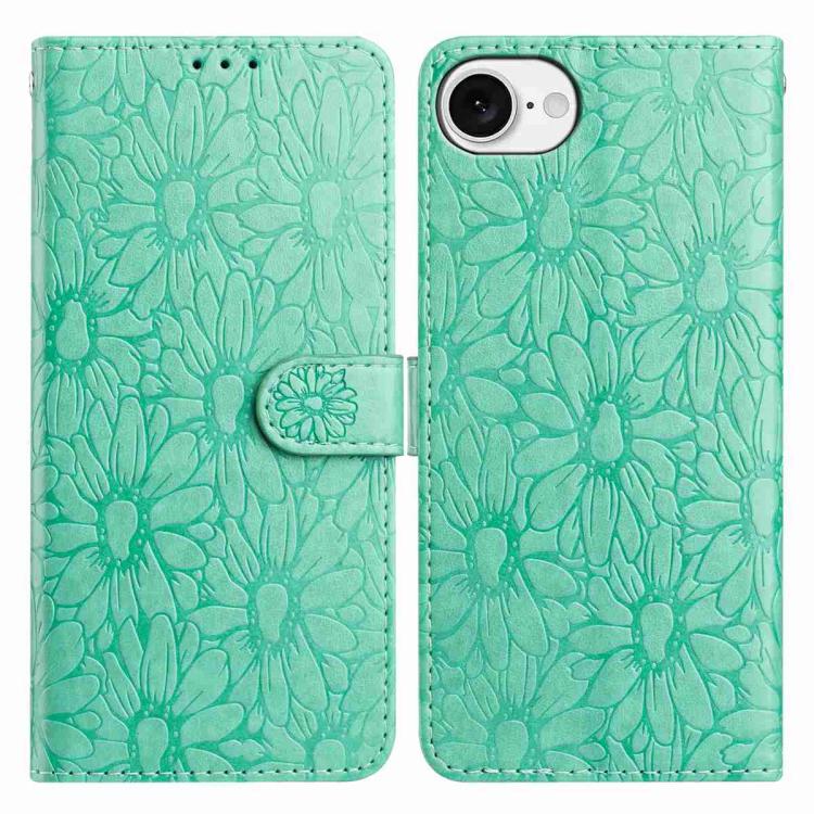 

For iPhone 16e Daisy Embossed Leather Phone Case(Green)