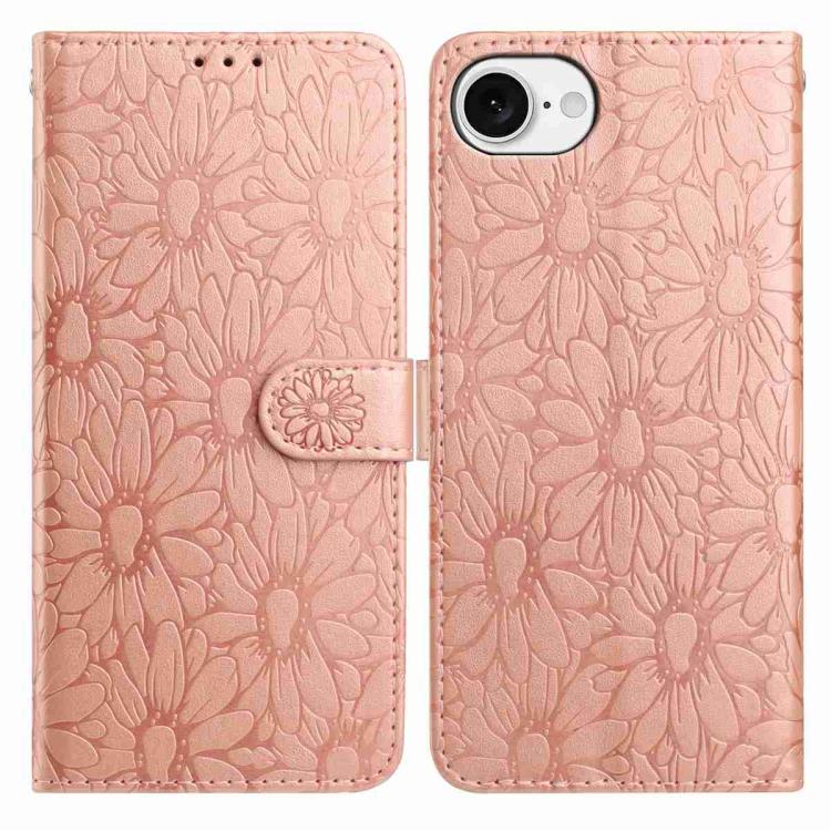 

For iPhone 16e Daisy Embossed Leather Phone Case(Rose Gold)