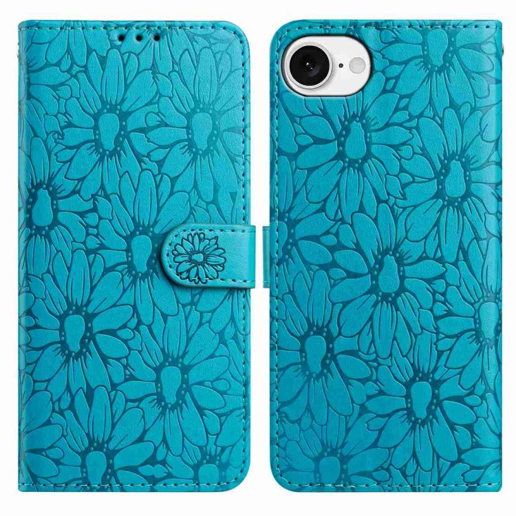

For iPhone 16e Daisy Embossed Leather Phone Case(Blue)