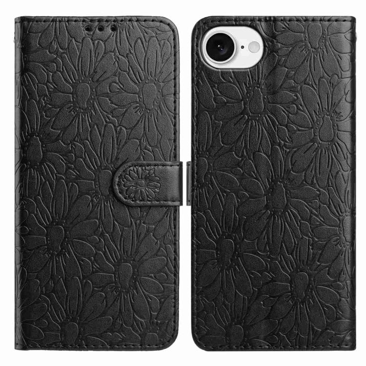 

For iPhone 16e Daisy Embossed Leather Phone Case(Black)