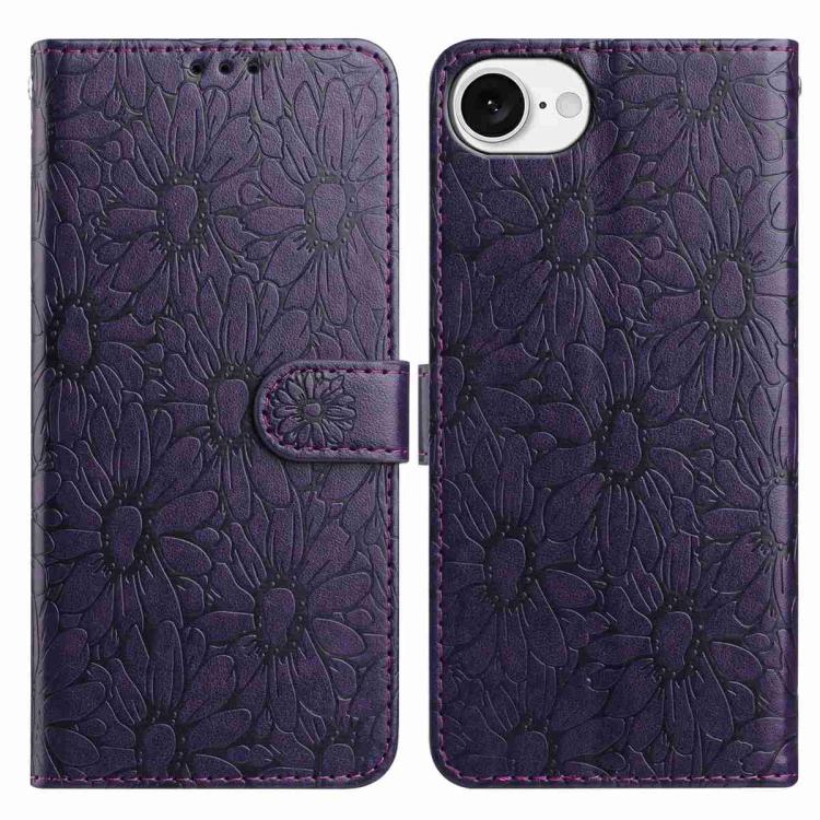 

For iPhone 16e Daisy Embossed Leather Phone Case(Dark Purple)