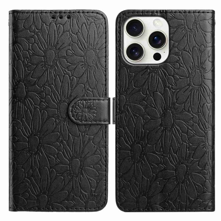 

For iPhone 15 Pro Daisy Embossed Leather Phone Case(Black)