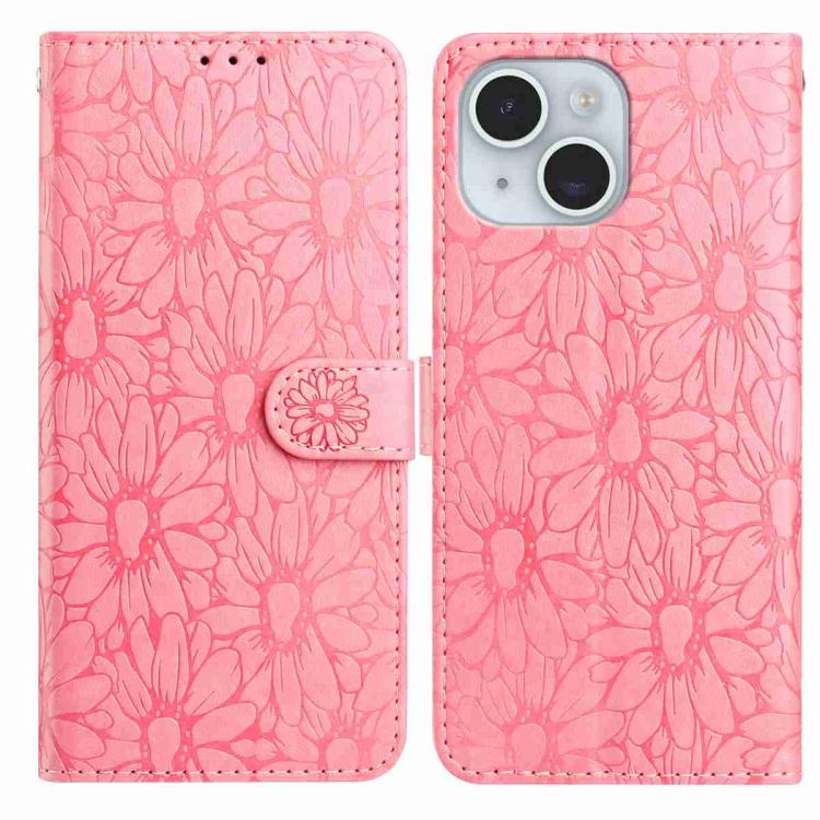 

For iPhone 15 Plus Daisy Embossed Leather Phone Case(Pink)
