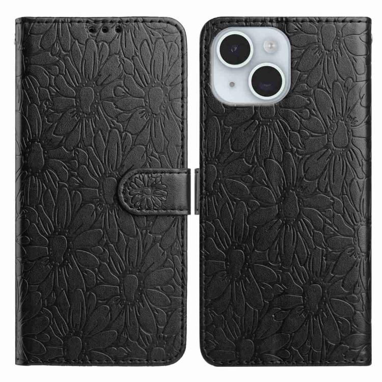 

For iPhone 15 Plus Daisy Embossed Leather Phone Case(Black)