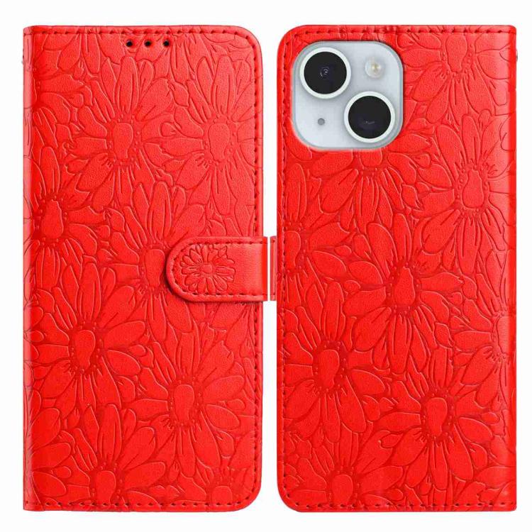 

For iPhone 15 Daisy Embossed Leather Phone Case(Red)
