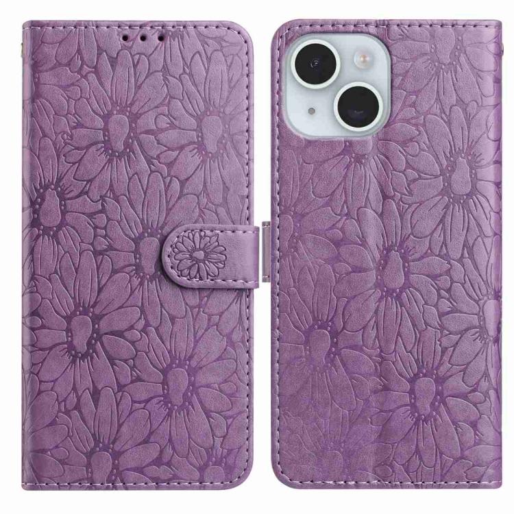 

For iPhone 15 Daisy Embossed Leather Phone Case(Light Purple)