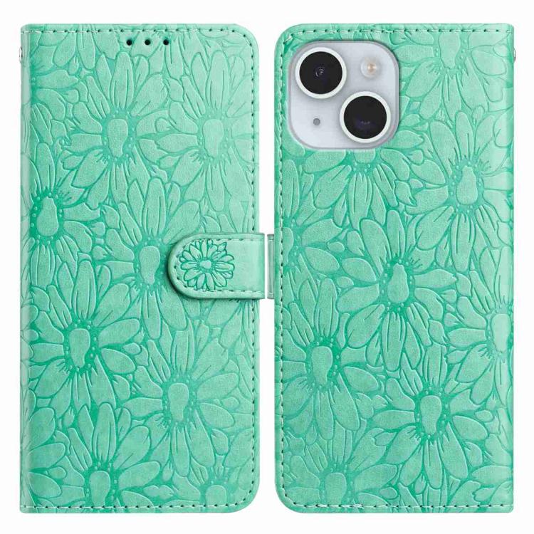 

For iPhone 15 Daisy Embossed Leather Phone Case(Green)