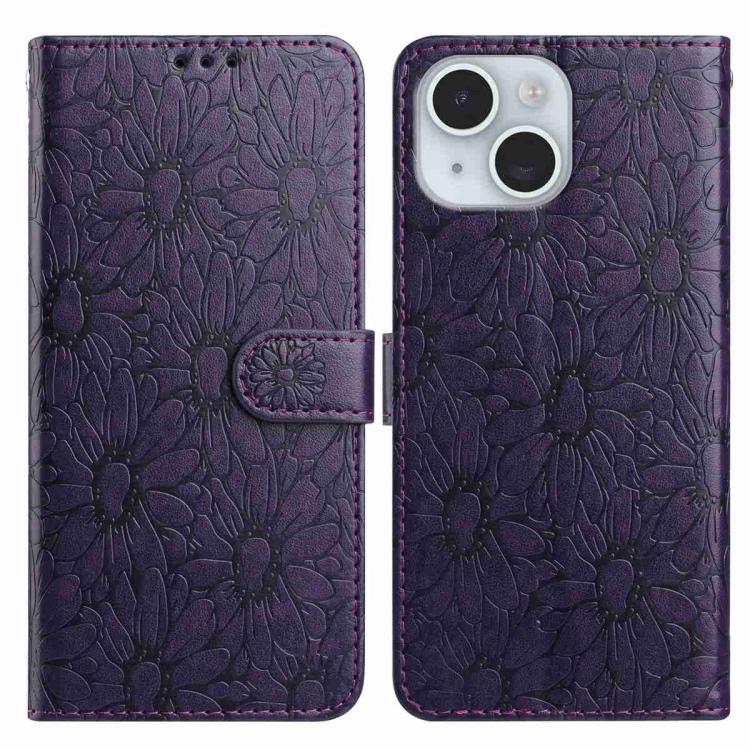 

For iPhone 15 Daisy Embossed Leather Phone Case(Dark Purple)