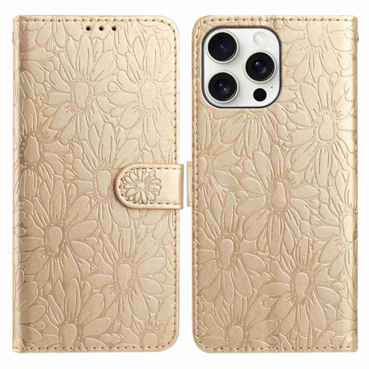 

For iPhone 14 Pro Daisy Embossed Leather Phone Case(Gold)