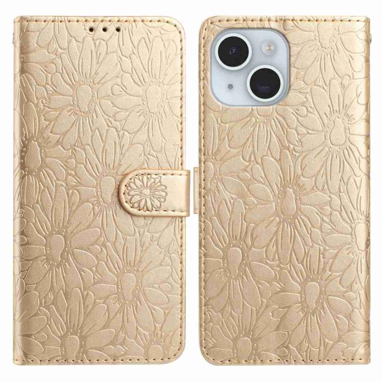 

For iPhone 14 Daisy Embossed Leather Phone Case(Gold)