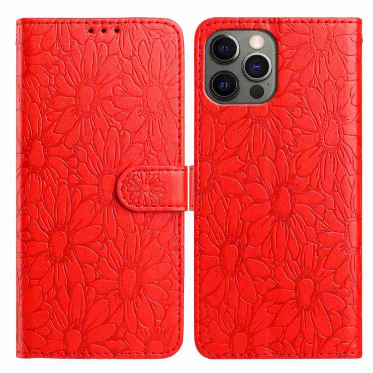 

For iPhone 12 / 12 Pro Daisy Embossed Leather Phone Case(Red)