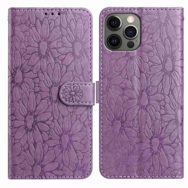 

For iPhone 12 / 12 Pro Daisy Embossed Leather Phone Case(Light Purple)