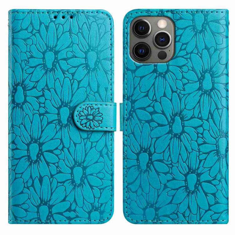 

For iPhone 12 / 12 Pro Daisy Embossed Leather Phone Case(Blue)
