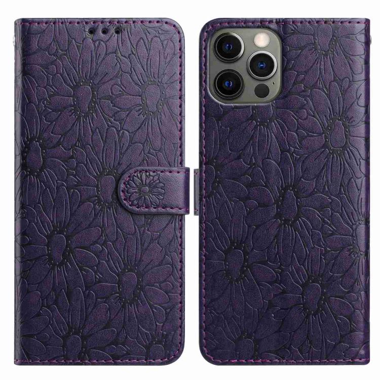 

For iPhone 12 / 12 Pro Daisy Embossed Leather Phone Case(Dark Purple)