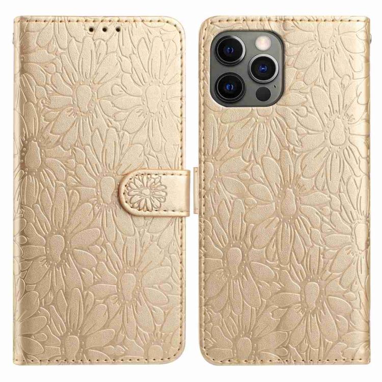 

For iPhone 12 Pro Max Daisy Embossed Leather Phone Case(Gold)