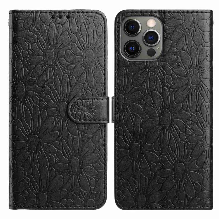 

For iPhone 12 Pro Max Daisy Embossed Leather Phone Case(Black)