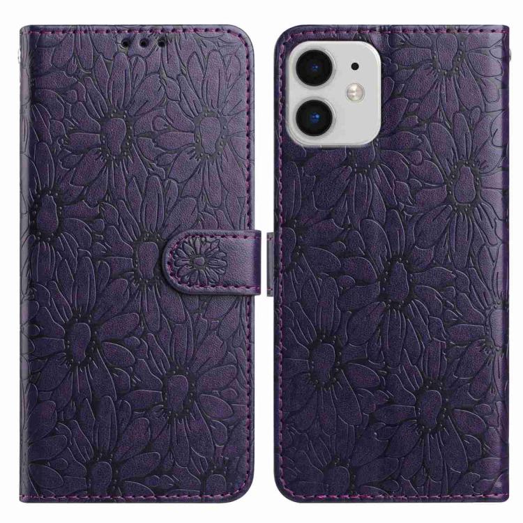 

For iPhone 11 Daisy Embossed Leather Phone Case(Dark Purple)