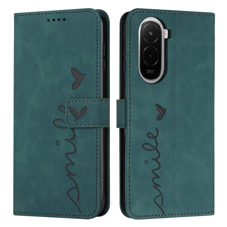 

For Xiaomi Poco M7 4G 169mm Skin Feel Heart Embossed Leather Phone Case with Long Lanyard(Green)