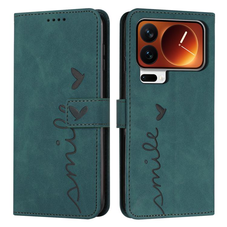 

For Xiaomi 17 Pro Max Skin Feel Heart Embossed Leather Phone Case with Long Lanyard(Green)