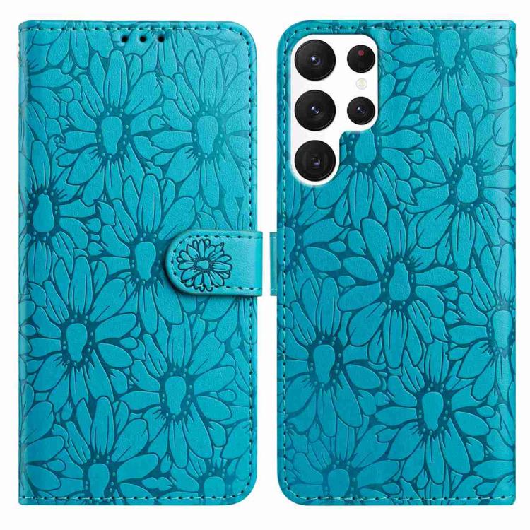 

For Samsung Galaxy S22 Ultra 5G Daisy Embossed Leather Phone Case(Blue)