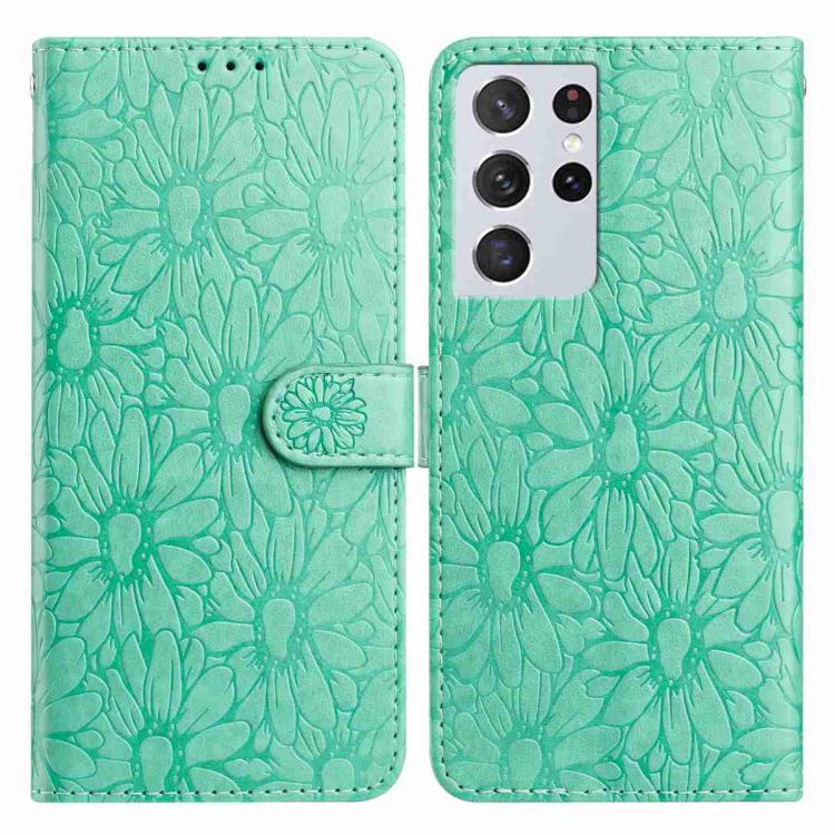 

For Samsung Galaxy S21 Ultra 5G Daisy Embossed Leather Phone Case(Green)