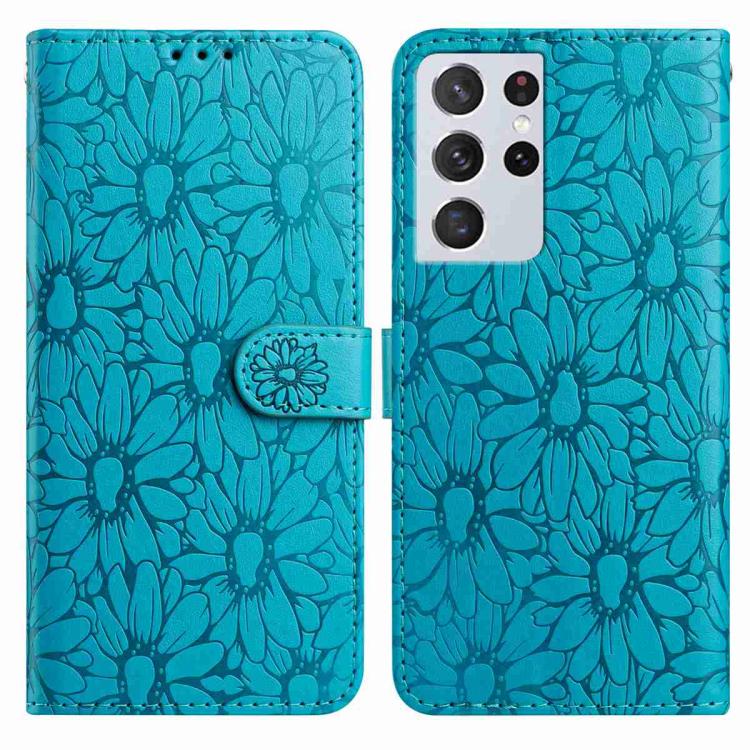 

For Samsung Galaxy S21 Ultra 5G Daisy Embossed Leather Phone Case(Blue)