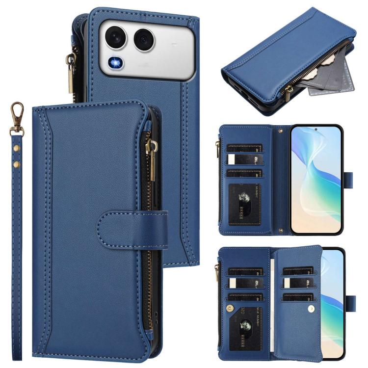 

For itel A200 4G/A200+ 4G Global Magnetic Closure 9 Card Slots Zipper Leather Case with Hand Strap(Dark Blue)