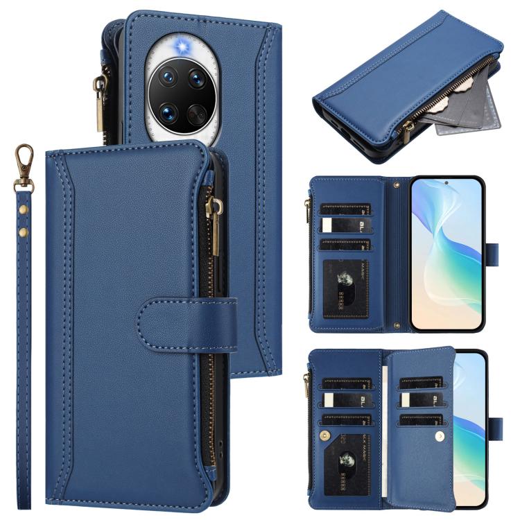 

For Huawei nova 14 Ultra Magnetic Closure 9 Card Slots Zipper Leather Case with Hand Strap(Dark Blue)