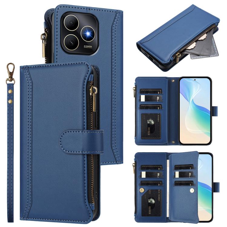 

For Huawei Enjoy 80s 4G Magnetic Closure 9 Card Slots Zipper Leather Case with Hand Strap(Dark Blue)