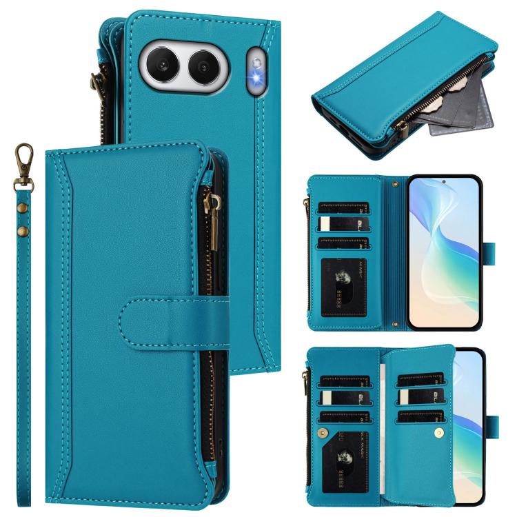 

For OnePlus Nord 4 5G Global Magnetic Closure 9 Card Slots Zipper Leather Case with Hand Strap(Turquoise)