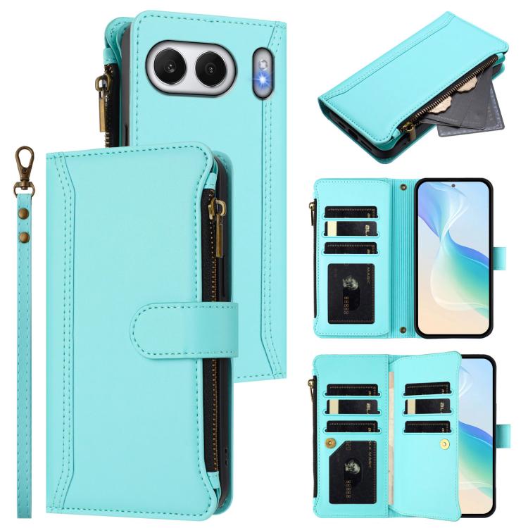 

For OnePlus Nord 4 5G Global Magnetic Closure 9 Card Slots Zipper Leather Case with Hand Strap(Mint Green)