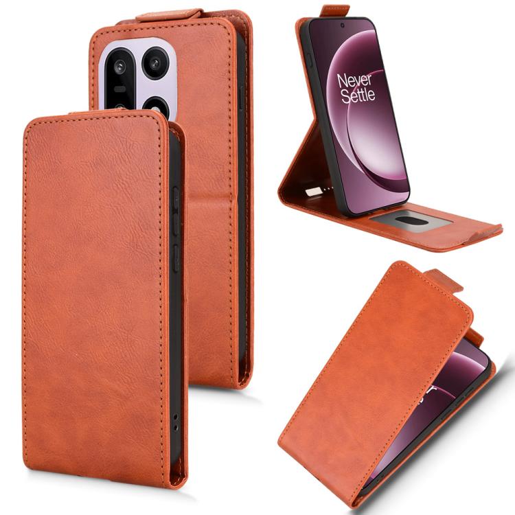 

For OnePlus 15 Magnetic Vertical Flip Leather Phone Case with Buckle(Brown)