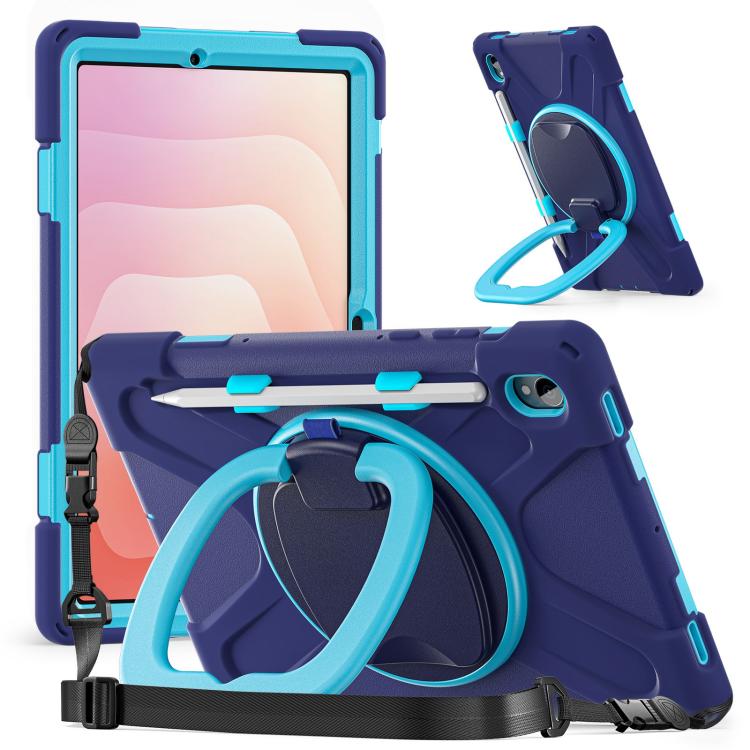 

For Samsung Galaxy Tab S11 Silicone Hybrid PC Tablet Case with Holder & Shoulder Strap(Navy Blue Blue)