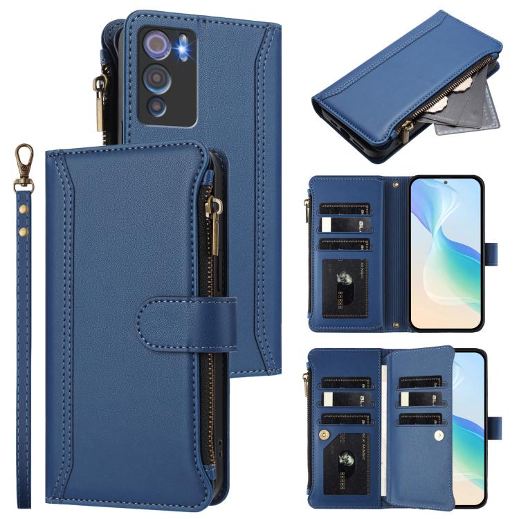

For Doogee N60 Pro Magnetic Closure 9 Card Slots Zipper Leather Case with Hand Strap(Dark Blue)